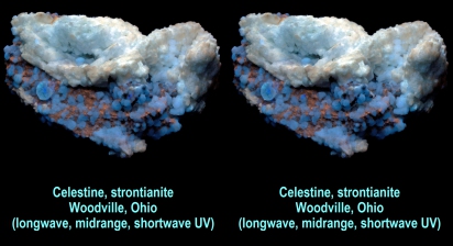 Celestine, strontianite - Woodville, Ohio (longwave, midrange, shortwave UV)