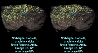 Norbergite, diopside, graphite, calcite - Rhein Property, Amity, Orange Co., NY (shortwave UV)