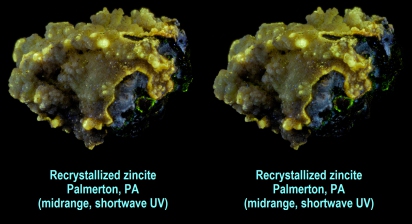 Recrystallized zincite - Palmerton, PA (midrange, shortwave UV)