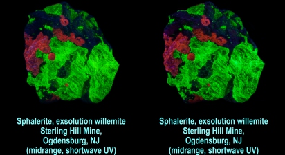 Sphalerite, exsolution willemite - Sterling Hill Mine, Ogdensburg, NJ (midrange, shortwave UV)