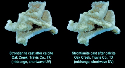 Strontianite cast after calcite - Oak Creek, Travis Co., TX (midrange, shortwave UV)