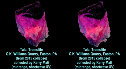 Talc, Tremolite - C.K. Williams Quarry, Easton, PA (from 2015 collapse) collected by Kerry Matt (midrange, shortwave UV)