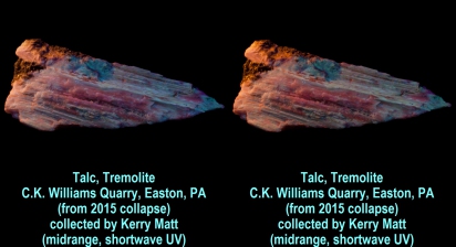 Talc, Tremolite - C.K. Williams Quarry, Easton, PA (from 2015 collapse) collected by Kerry Matt (midrange, shortwave UV)