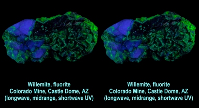 Willemite, fluorite - Colorado Mine, Castle Dome, AZ (longwave, midrange, shortwave UV)