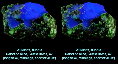 Willemite, fluorite - Colorado Mine, Castle Dome, AZ (longwave, midrange, shortwave UV)