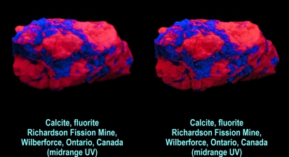 Calcite, fluorite - Richardson Fission Mine, Wilberforce, Ontario, Canada (midrange UV)