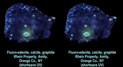 Fluoro-edenite, calcite, graphite - Rhein Property, Amity, Orange Co., NY (shortwave UV)