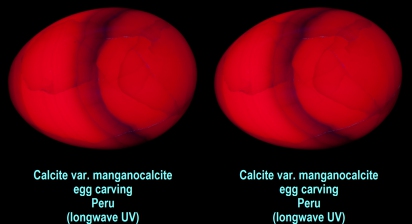Calcite var. manganocalcite egg carving - Peru (longwave UV)