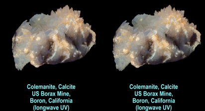 Colemanite, Calcite - US Borax Mine, Boron, California (longwave UV)
