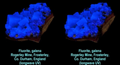 Fluorite, galena - Rogerley Mine, Frosterley, County Durham, England (longwave UV)