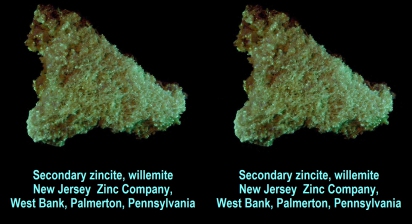 Secondary zincite, willemite - NJ Zinc Co., West Bank, Palmerton, PA. (longwave UV)