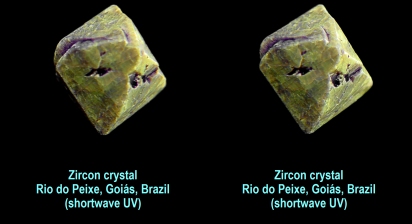 Zircon crystal - Rio do Peixe, Goiás, Brazil (shortwave UV)