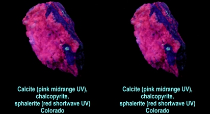Calcite (pink midrange UV), chalcopyrite, sphalerite (red shortwave UV) - Colorado