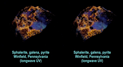 Sphalerite fl. orange, galena, pyrite, Winfield,PA (longwave UV)