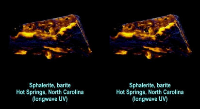 Sphalerite in barite - Hot Springs, NC (longwave UV)