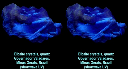 Elbaite crystals in quartz - Governador Valadares, Minas Gerais, Brazil (shortwave UV)