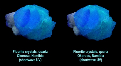 Fluorite crystals in quartz - Okorusu, Namibia (shortwave UV)