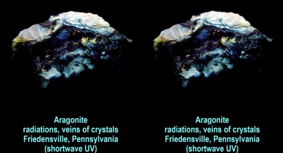 Aragonite radiations, veins of crystals - Friedensville PA (shortwave UV)