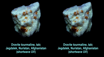 Dravite crystals in talc - Jegdalek, Nuristan, Afghanistan (shortwave UV)