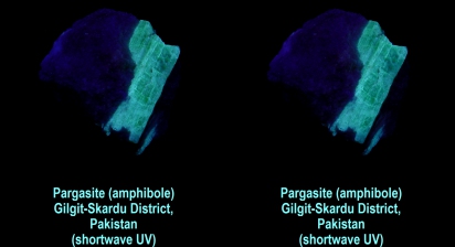Pargasite (amphibole) - Gilgit-Skardu District, Pakistan (shortwave UV)