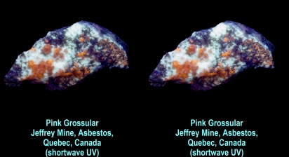 Pink grossular - Jeffrey Mine, Asbestos, Quebec, Canada (shortwave UV)