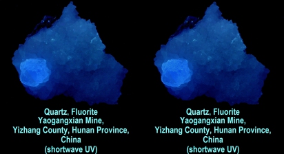 Quartz, fluorite - Yaogangxian Mine, Yizhang Co., Hunan Prov., China (shortwave UV)
