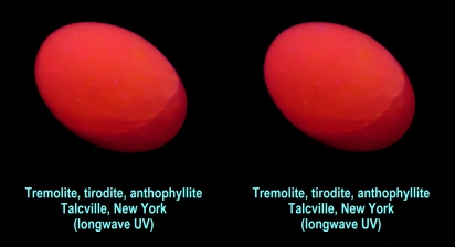 Tremolite, tirodite, anthophyllite, Talcville, NY (longwave UV)