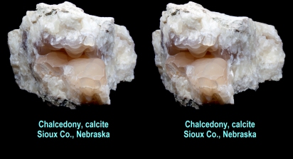 Chalcedony (SW fl. green, LW fl. tan), Calcite (SW fl., phos. pink), Sioux Co., Nebraska, across border from Ardmore, SD