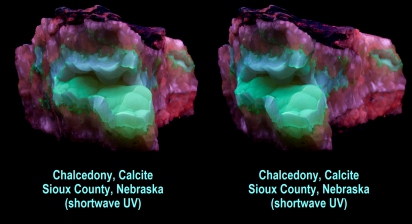 Chalcedony (SW fl. green, LW fl. tan), Calcite (SW fl., phos. pink), Sioux Co., Nebraska, across border from Ardmore, SD (shortwave UV)