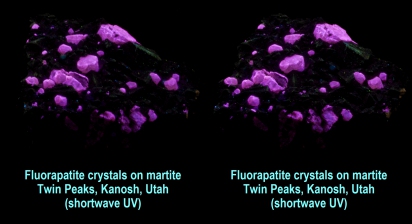 Fluorapatite crystals on martite, Twin Peaks, Kanosh, Utah (shortwave UV)