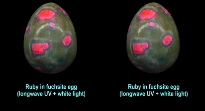 Ruby in fuchsite egg (longwave UV)