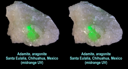 Adamite, aragonite, Santa Eulalia, Chihuahua, Mexico (midrange UV)