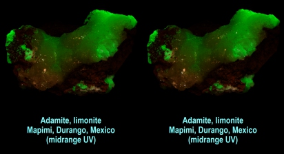 Adamite, limonite, Mapimi, Durango, Mexico (midrange UV)
