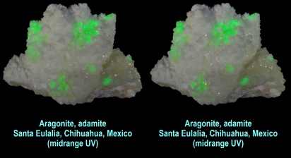Aragonite, adamite, Santa Eulalia, Chihuahua, Mexico (midrange UV)