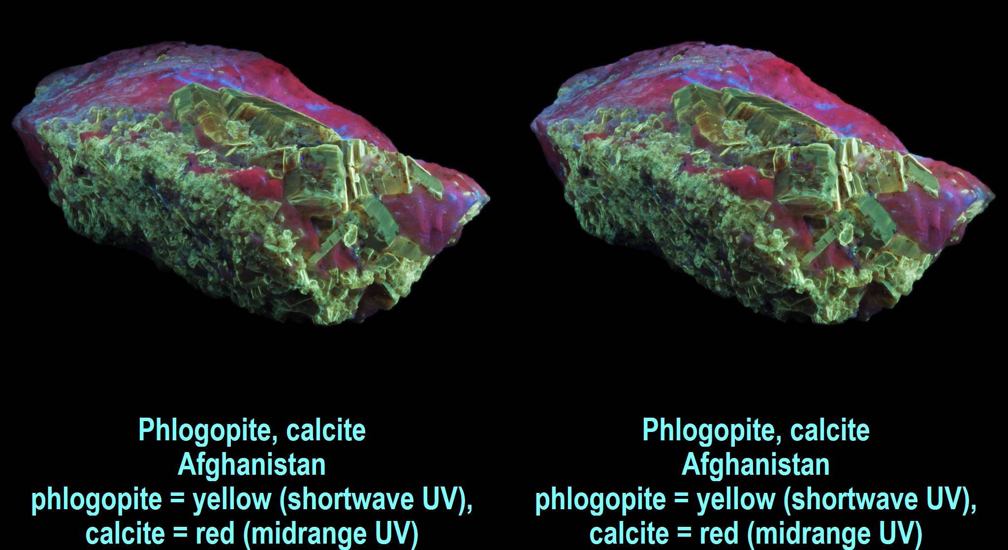 Phlogopite, calcite - Afghanistan - phlogopite yellow (shortwave UV), calcite red (midrange UV)