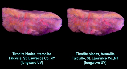 Tirodite blades, tremolite - Talcville, St. Lawrence Co., NY (longwave UV)